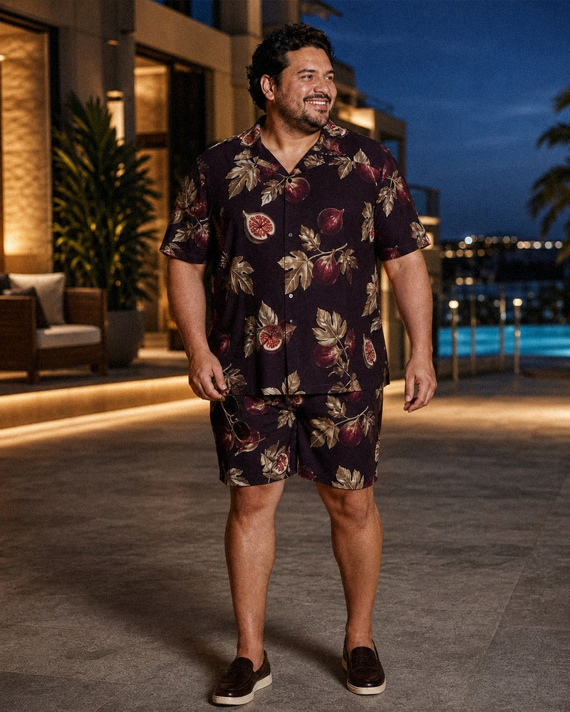 Big and tall man styling the Fig Orchard Nocturne coordinated outfit in a natural lifestyle scene