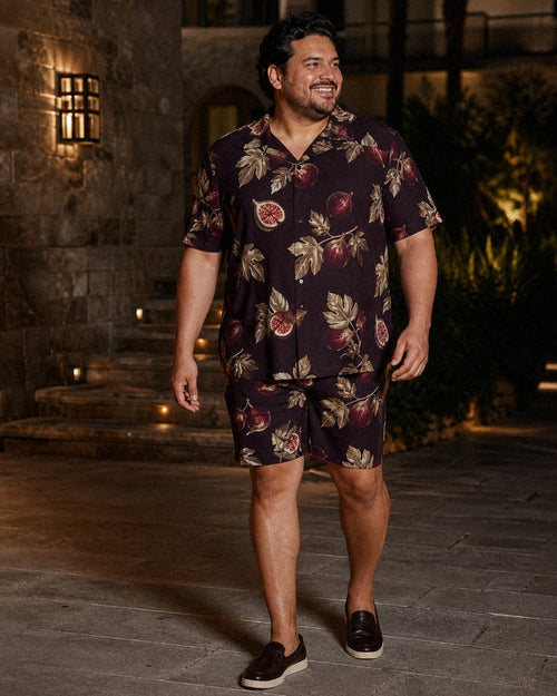 Big and tall man wearing the Fig Orchard Nocturne shirt and shorts set, full-body product view