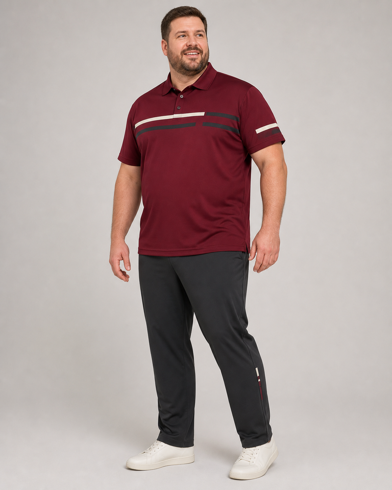 Big and tall man wearing the Garnet Barline polo shirt and matching pants set, full-body front three-quarter studio view