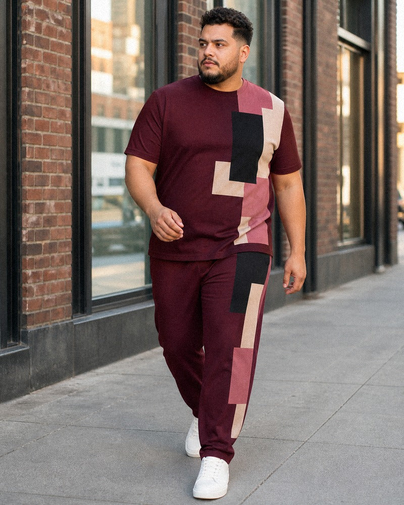 Big and tall man wearing the Garnet Paper Grid t-shirt and pants set, full-body product view