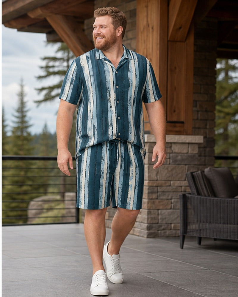 Big and tall man wearing the Glacier Birch Rhythm matching set in a coordinated lifestyle setting