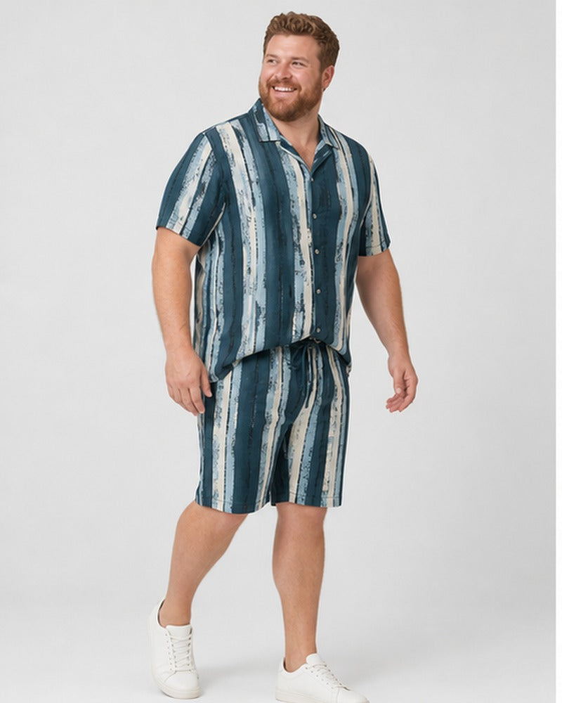 Big and tall man wearing the Glacier Birch Rhythm pocket-free shirt and matching shorts set, clean full-body studio view
