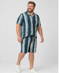 Big and tall man wearing the Glacier Birch Rhythm pocket-free shirt and matching shorts set, clean full-body studio view