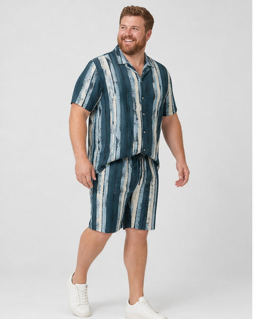 Big and tall man wearing the Glacier Birch Rhythm pocket-free shirt and matching shorts set, clean full-body studio view