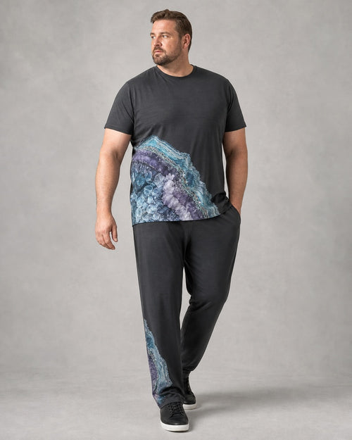 Big and tall man wearing the Graphite Mineral Bloom t-shirt and matching pants set, full-body product view