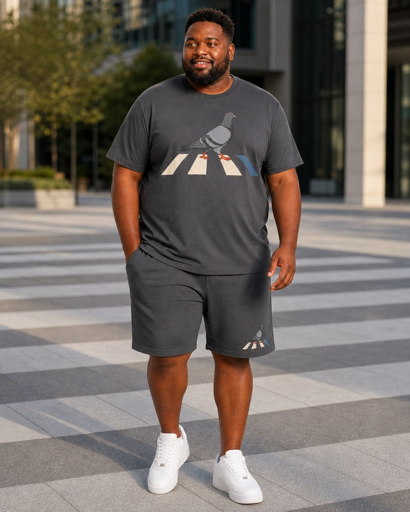 Big and tall man styling the Graphite Pigeon Crosswalk t-shirt and matching shorts set in a natural lifestyle scene