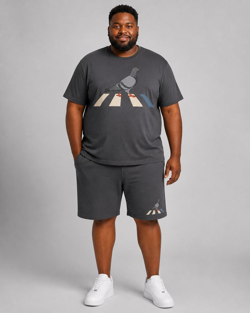 Big and tall man wearing the Graphite Pigeon Crosswalk t-shirt and matching shorts set, full-body product view