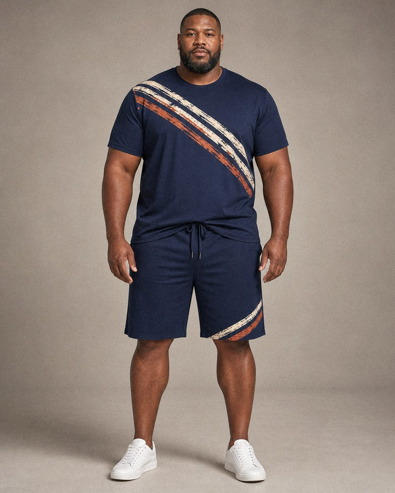 Big and tall man wearing the Harbor Loom Signal t-shirt and shorts set, full-body product view