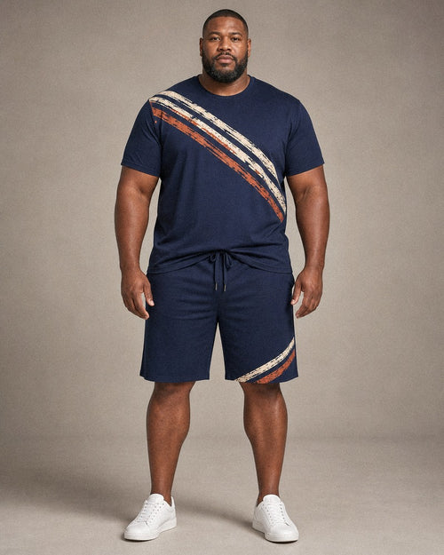 Big and tall man wearing the Harbor Loom Signal t-shirt and shorts set, full-body product view