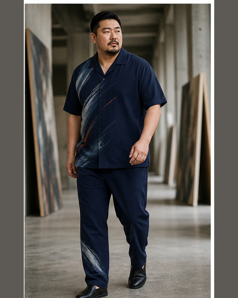 Big and tall man wearing the Indigo Brushflow matching set in a coordinated lifestyle setting