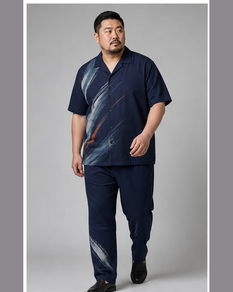 Big and tall man wearing the Indigo Brushflow pocket-free shirt and matching pants set, clean full-body studio view