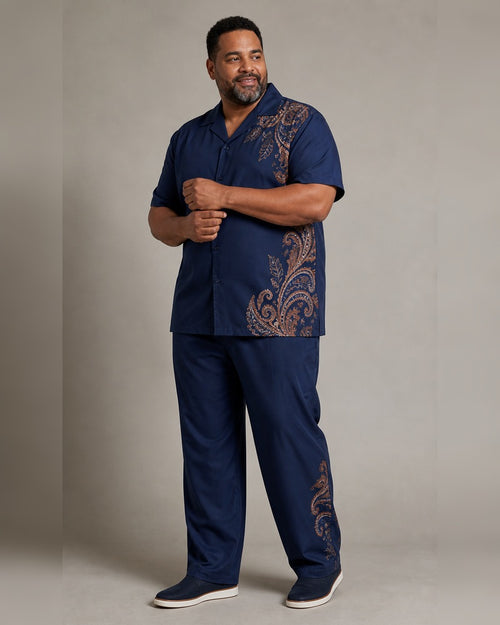 Big and tall man wearing the Indigo Copper Mesa Paisley pocket-free shirt and matching pants set, full-body product view