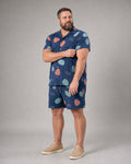 Indigo Coral Beach Glass Scatter complete shirt and shorts set, full body studio view