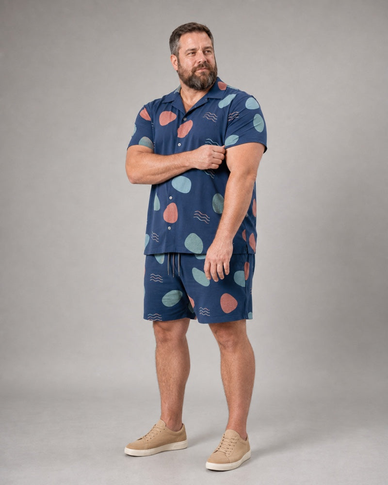 Indigo Coral Beach Glass Scatter complete shirt and shorts set, full body studio view
