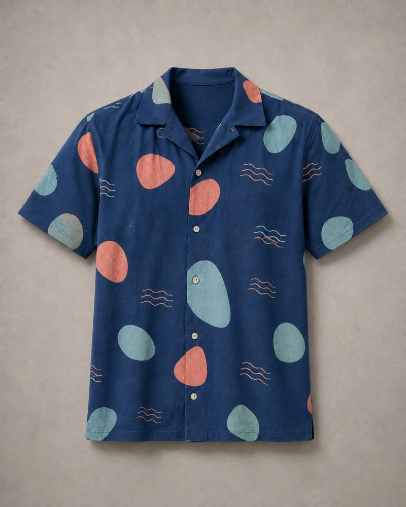 Indigo Coral Beach Glass Scatter pocket-free shirt only, front product view