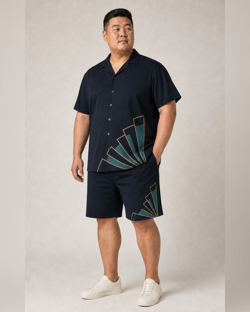 Big and tall man wearing the Ink Fancrest short-sleeve shirt and matching shorts set, full-body front three-quarter studio view