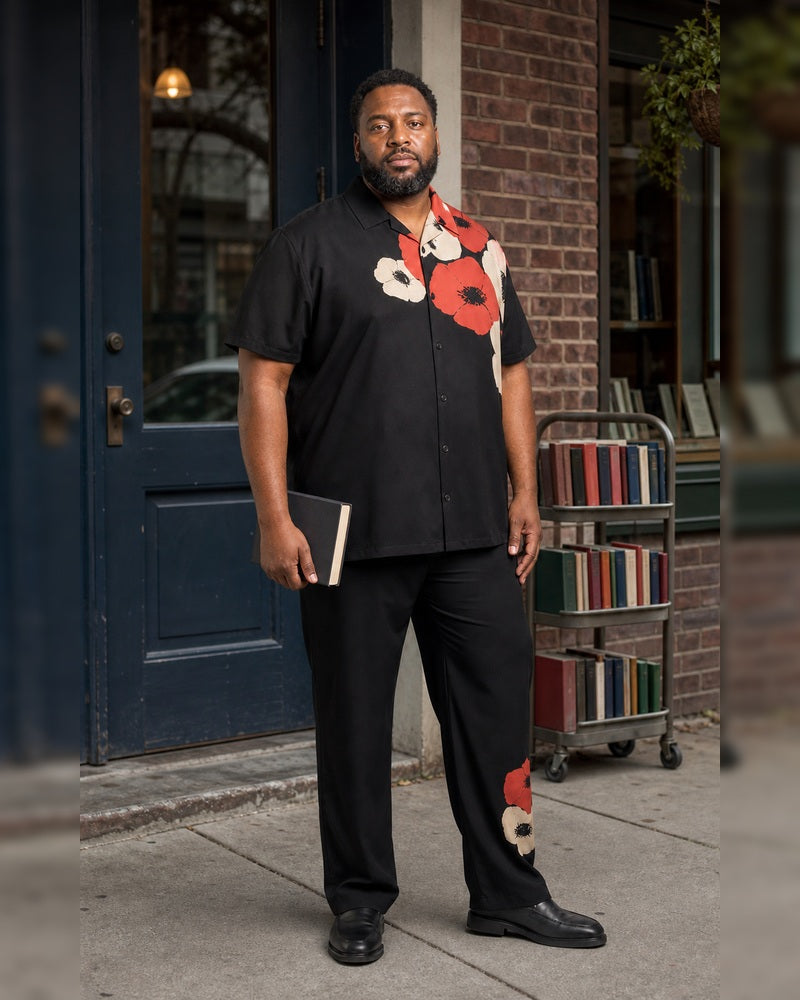 Big and tall man styling the Ink Vermilion Poppy Shadow pocket-free shirt and matching pants set in a natural lifestyle scene
