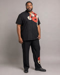 Big and tall man wearing the Ink Vermilion Poppy Shadow pocket-free shirt and matching pants set, full-body product view