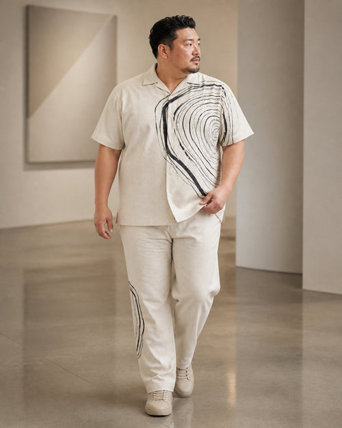 Big and tall man styling the Ink Whorl Study pocket-free shirt and matching pants set in a lifestyle scene