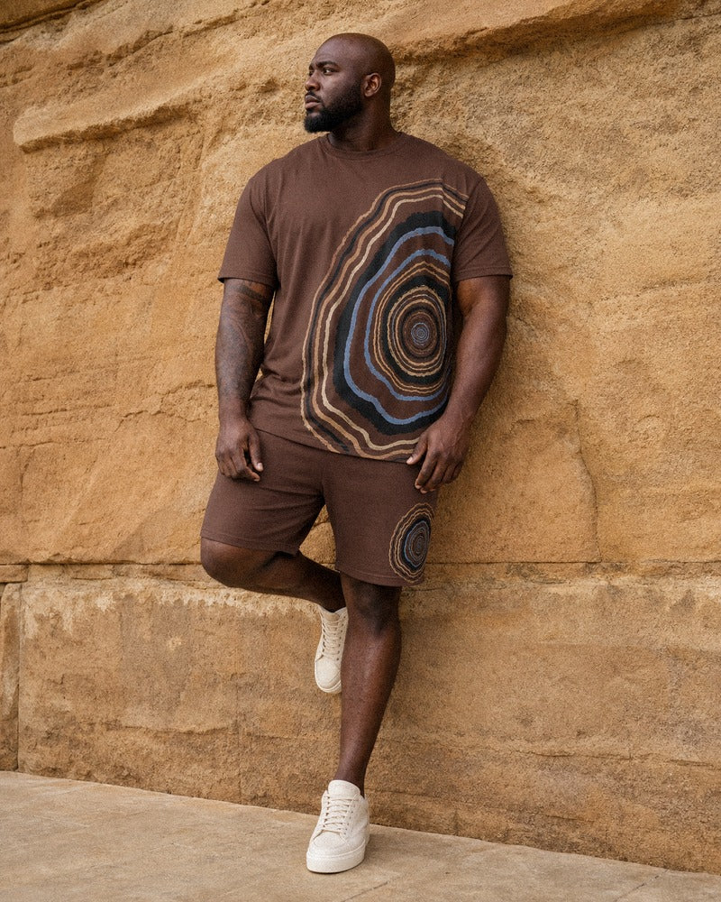 Big and tall man wearing the Ironwood Fossil Trace t-shirt and shorts set, full-body product view