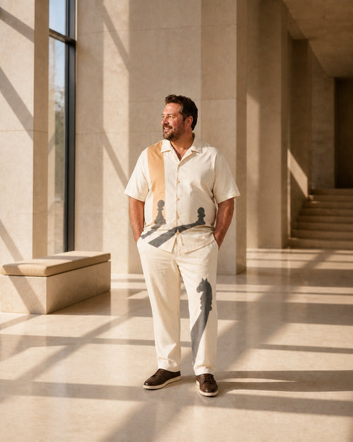 Big and tall man styling the Ivory Chesslight pocket-free shirt and matching pants set in a lifestyle scene