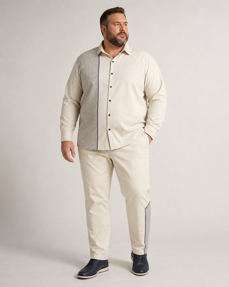 Big and tall man wearing the Ivory Chevronline long-sleeve shirt and matching pants set, full-body front three-quarter studio view
