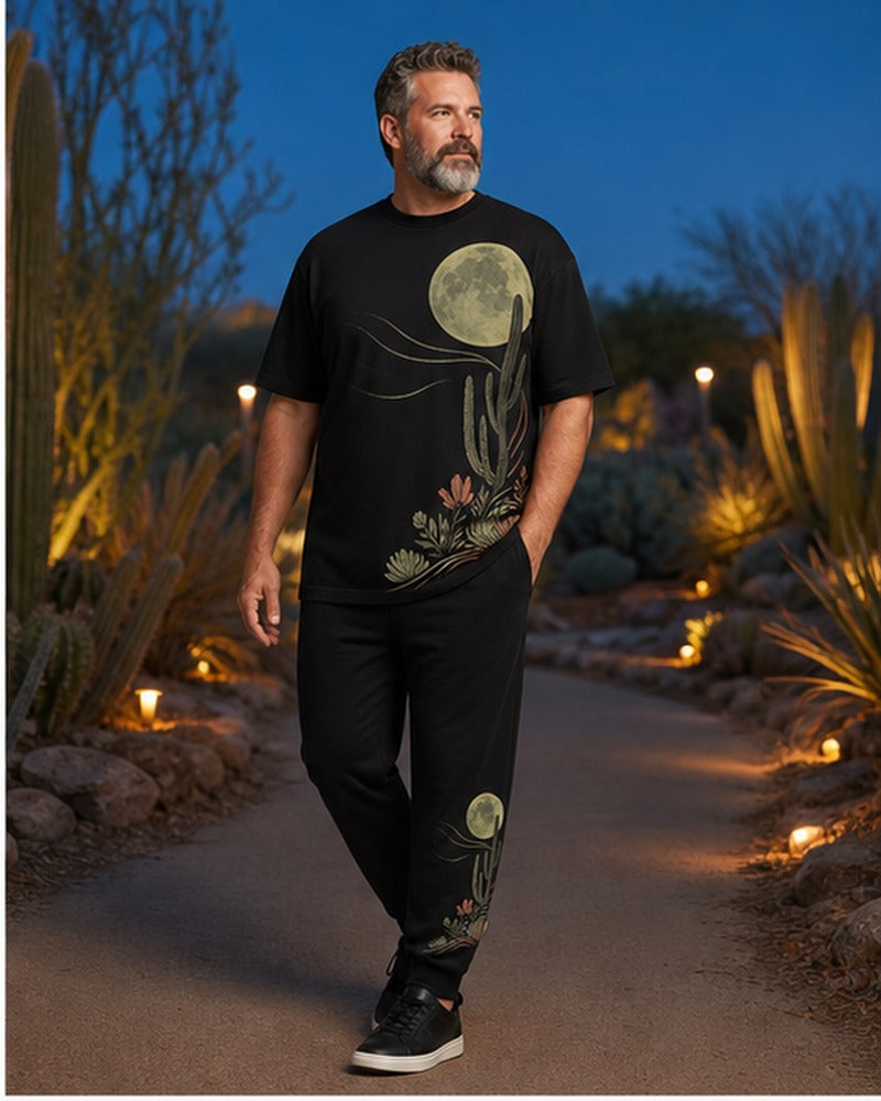 Big and tall man wearing the Lunar Cactus Drift matching set in a coordinated lifestyle setting