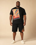 Big and tall man wearing the Matchbook Sunburst t-shirt and matching shorts set, full-body product view