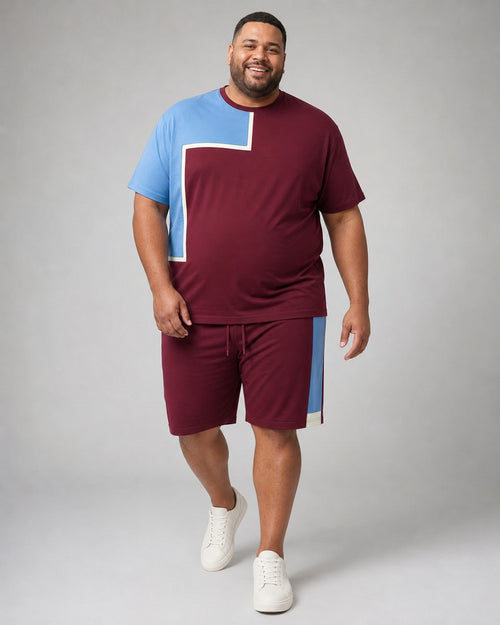 Big and tall man wearing the Merlot Sky Courtline t-shirt and matching shorts set, full-body product view
