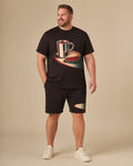 Big and tall man wearing the Midnight Diner Still t-shirt and matching shorts set, full-body product view
