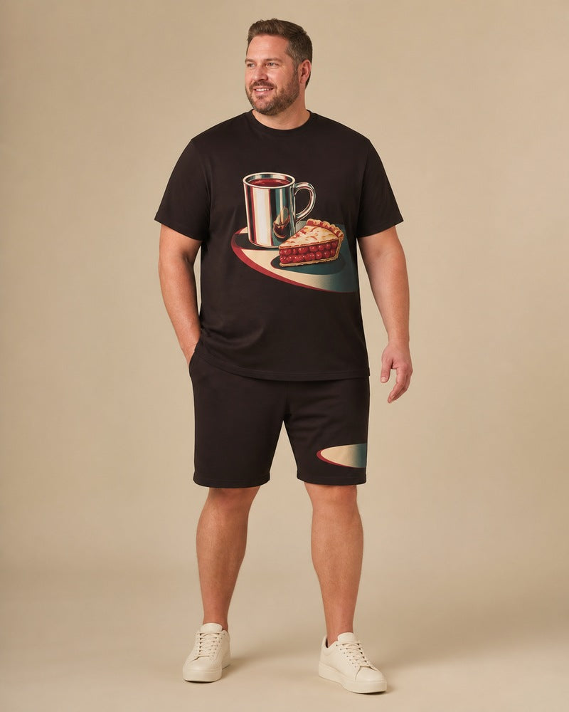 Big and tall man wearing the Midnight Diner Still t-shirt and matching shorts set, full-body product view