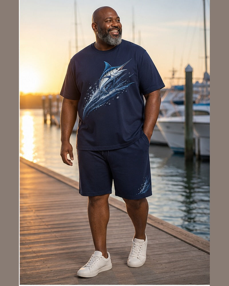 Big and tall man wearing the Midnight Marlin Wake matching set in a coordinated lifestyle setting