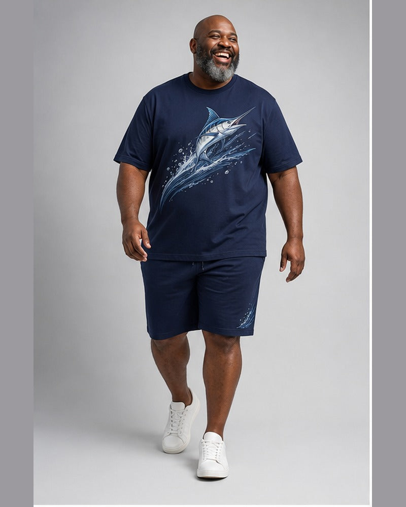 Big and tall man wearing the Midnight Marlin Wake t-shirt and matching shorts set, clean full-body studio view
