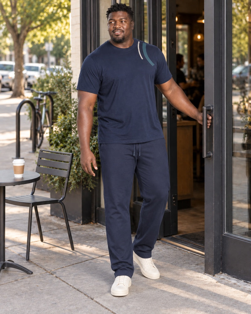 Midnight Oat Civic Arch outfit worn outside an ordinary coffee shop