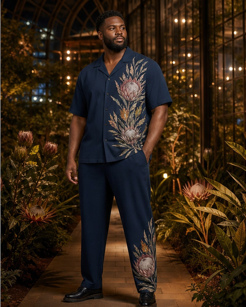 Big and tall man wearing the Midnight Protea matching set in a coordinated lifestyle setting
