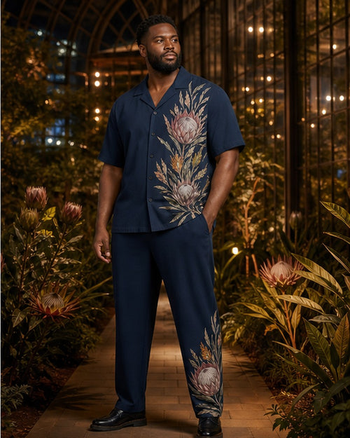 Big and tall man wearing the Midnight Protea matching set in a coordinated lifestyle setting