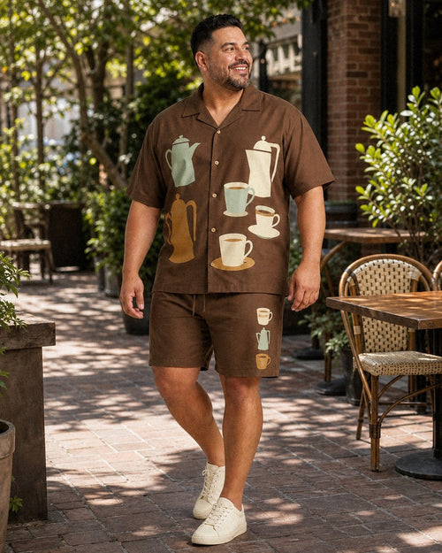 Big and tall man styling the Mocha Mint Coffee Service pocket-free shirt and matching shorts set in a natural lifestyle scene