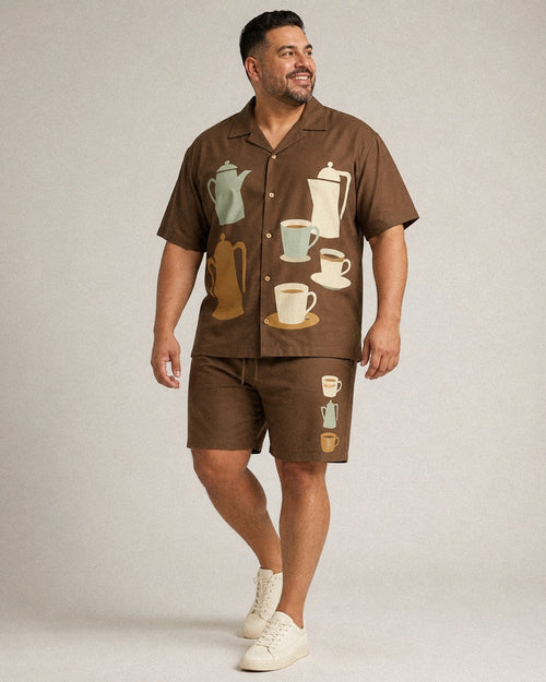 Big and tall man wearing the Mocha Mint Coffee Service pocket-free shirt and matching shorts set, full-body product view