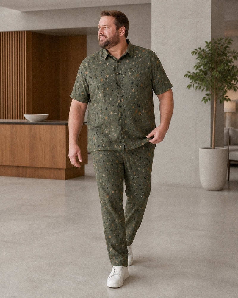 Big and tall man styling the Moss Terrazzo Field coordinated outfit in a natural lifestyle scene