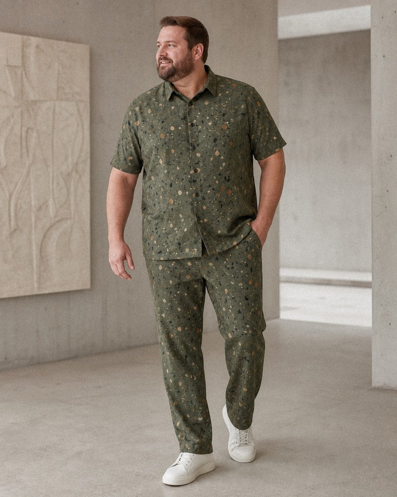 Big and tall man wearing the Moss Terrazzo Field shirt and pants set, full-body product view