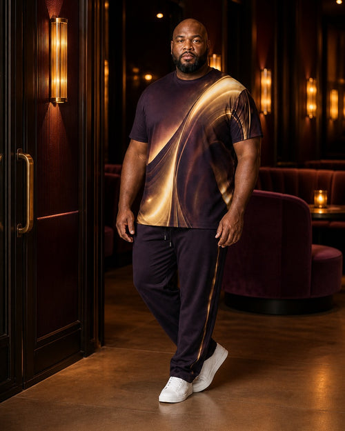 Big and tall man styling the Mulberry Brass Echo t-shirt and matching pants set in a lifestyle scene