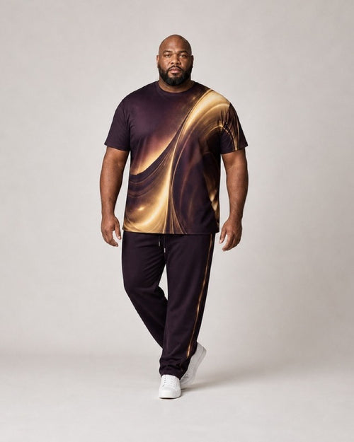 Big and tall man wearing the Mulberry Brass Echo t-shirt and matching pants set, full-body product view