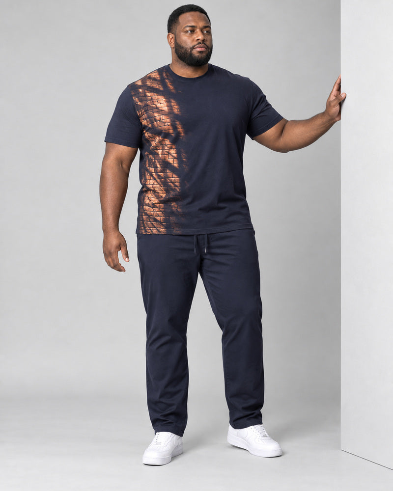 Navy Copper Brick Reflection complete T-shirt and pants set, full body studio view