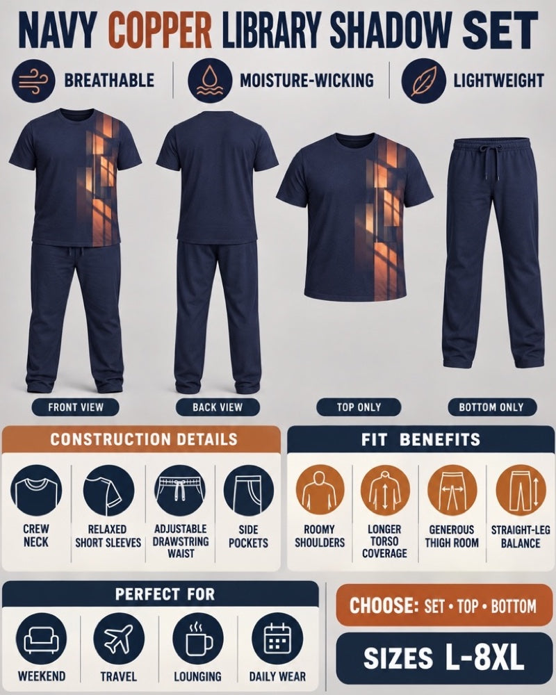Navy Copper Library Shadow front and back, construction, fit, occasions and Set Top Bottom buying guide