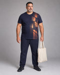 Navy Copper Library Shadow complete t-shirt and pants set, full body studio view