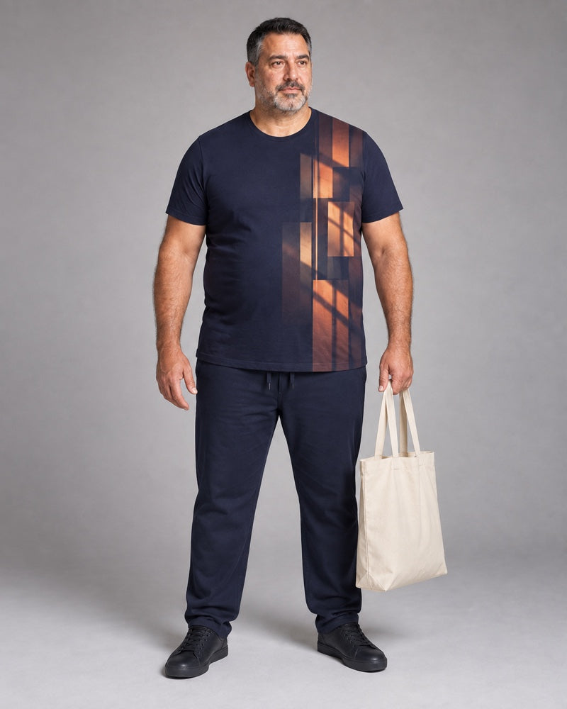 Navy Copper Library Shadow complete t-shirt and pants set, full body studio view