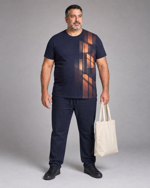 Navy Copper Library Shadow complete t-shirt and pants set, full body studio view