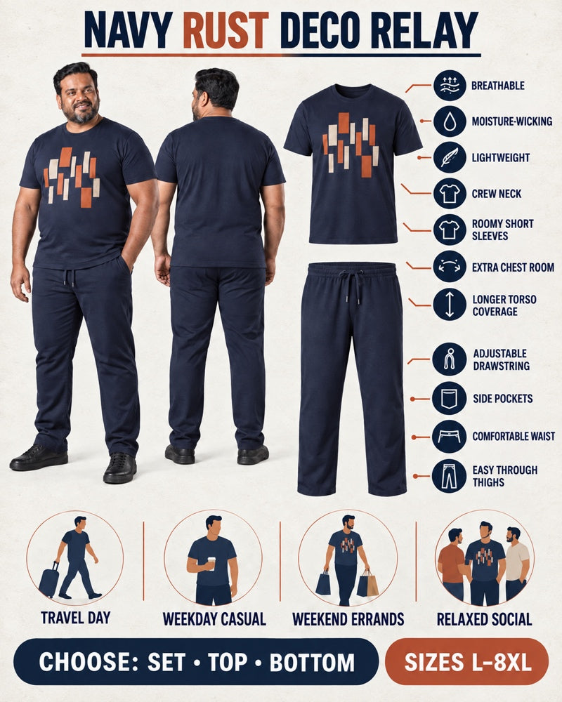 Navy Rust Deco Relay front and back, construction, fit, occasions and Set Top Bottom buying guide