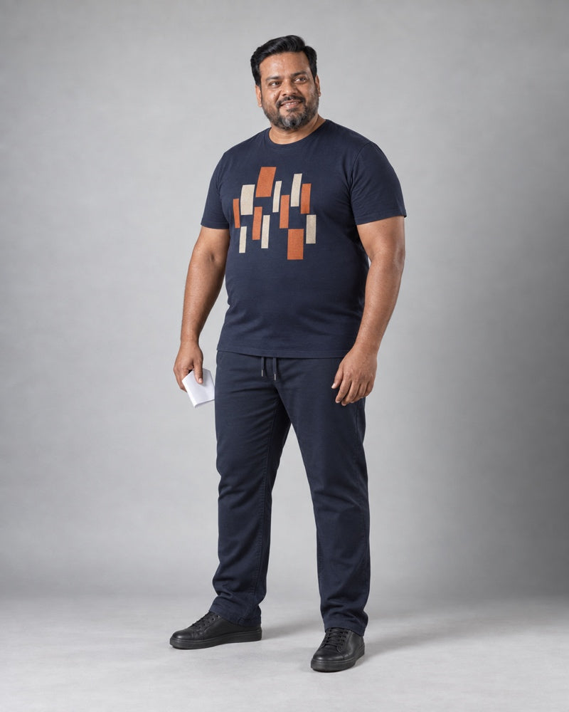 Navy Rust Deco Relay complete t-shirt and pants set, full body studio view