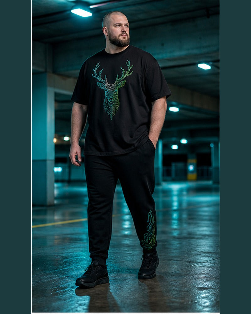 Big and tall man wearing the Neon Stag Circuit matching set in a coordinated lifestyle setting